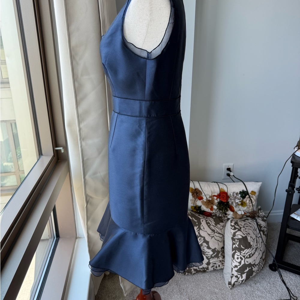 Carolina Herrera Midnight Navy V-Neck Ruffle-Hem Midi Dress - Picture 7 of 14